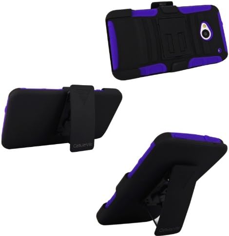 For HTC One M7 CellularvillaTM Black/Purple 3PC 3-in-1 Hard and Soft Kickstand Case with Holster Belt Clip. (Black/Purple)