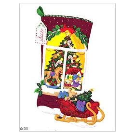 Christmas Tree Window View W/Lights Stocking Felt Applique K 18" Long