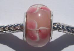 Murano Style Glass Lampwork 925 Bead Fits Pandora Lt Pink with Pink & White Flower (1)