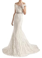 Lace Open-Back Off the Shoulder Sleeveless Mermaid Wedding Dress/Tunic  with a Brush/Sweep Train 