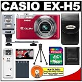 Casio Exilim EX-H5 Digital Camera (Red) with 16GB Card + Case + Flash + Battery + Accessory Kit
