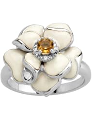 Sterling Silver Citrine with White Enamel Diamond-Accent Womens Ring