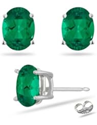 3.40 Cts of 9x7 mm AAA Oval Russian Lab Created Emerald Stud Earrings in 14K White Gold