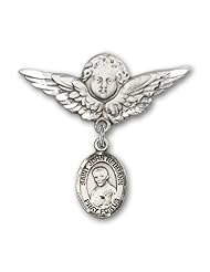Sterling Silver Baby Badge with St. John Neumann Charm and Angel with Wings Badge Pin