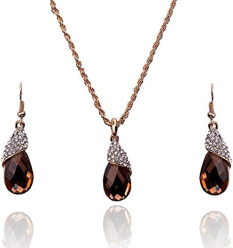 Julycoffee Women 18k Gold Plated Champagne Topaz Crystal Necklace Earrings Jewelry Set Gp2534