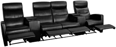 Black Leather 4-Seat Home Theater Recliner Storage Consoles