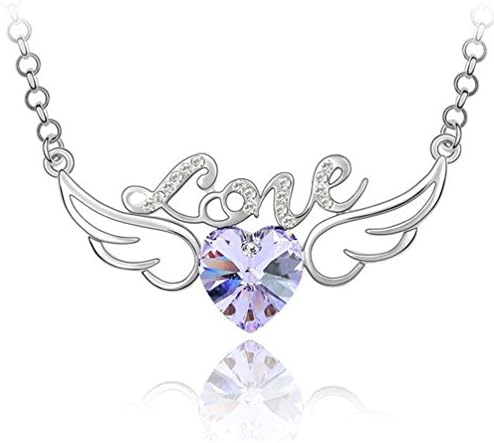 Fashion Austrian Element Love Angel Wing Necklace, 19" Box Chain, Special Designed Gift for Women and Girls (Purple)