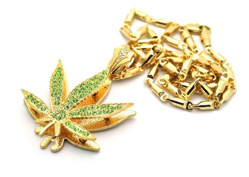 Small Gold with Green Iced Out Marijuana Pendant with a 24 Inch Box Chain Necklace