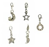 Charm Clip - P37 - 5 Pc Set - Moon & Stars ~ Silver Tone Pewter