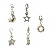 Charm Clip - P37 - 5 Pc Set - Moon & Stars ~ Silver Tone Pewter
