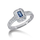 0.85 Ct Diamond Sapphire Ring Engagement Emerald Cut Pave Fashion 14k White Gold
