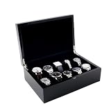 Piano Glossy Black Wood Watch Case Display Storage Box with Solid Top Holds 10 Watches with Adjustable Soft Pillows, High Clearance for Large Watches