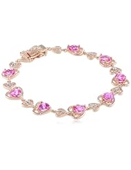 Sterling Silver Pink Gold Flash Plating Heart Shape Created Pink Sapphire with Diamond Bracelet, 7.25