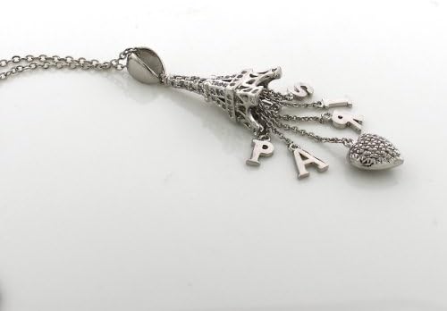 "I Heart Paris" Miniature Eiffel Tower, Heart, and PARIS Rhodium Plated Brass Pendant on 16"/18" Chain