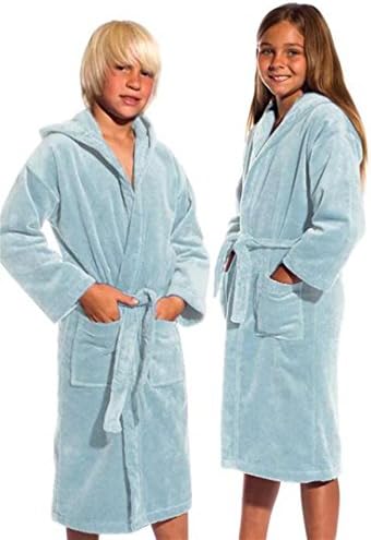 Velour Terry Hooded Robe Women's &amp; Men's Velour Hooded Bathrobe Cotton Cover Up (KIDS - S / M, Light Blue)