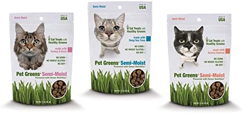 Pet Greens Semi-Moist Cat Treat Bundle: 1 Bag Deep Sea Tuna, 1 Bag Savory Salmon, &amp; 1 Bag Turkey &amp; Duck