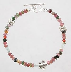 Pink Tourmaline, Aquamarine and Hills Tribe Silver Beaded Bracelet, 7 1/2" Length, #9548
