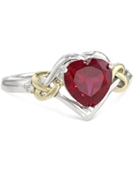 XPY Sterling Silver and 14k Yellow Gold Diamond and Heart-Shaped Created Ruby Ring (0.03 cttw, I-J Color, I3 Clarity)