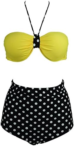 High Waist Retro Bikini Swimsuit White Polka Dot Bottom + Yellow Top(FBA)