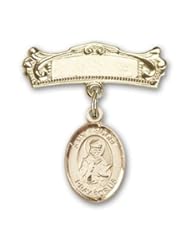 14K Gold Baby Badge with St. Isidore of Seville Charm and Arched Polished Badge Pin
