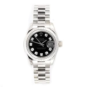 Rolex Ladys President New Style Heavy Band 18k White Gold Model 179179 Fluted Bezel Black Diamond Dial