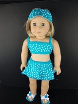 A Blue Polka Dot Swim Suit Bikini Top and Skirt Bottoms with Visor and Cloth Sandals Designed for 18 Inch Doll Like the American Girl Dolls