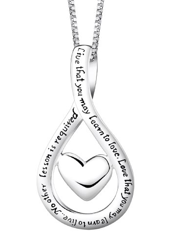 Sterling Silver “Live That You May Learn To Love. Love That You May Learn To Live. No Other Lesson Is Required” Heart Pendant, 18″