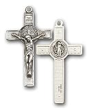  : Sterling Silver St. Benedict Crucifix Pendant with Stainless Silver Heavy Curb Chain 24 inch