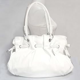 X-Large White Leather Lk Drawstring Hobo Handbag