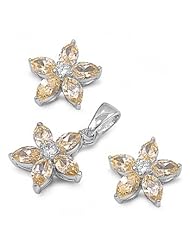 Sterling Silver Nature Flower Pendant and Earrings Jewelry Set with Yellow Topaz and Clear CZ