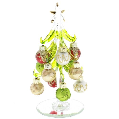 LSArts Glass Christmas Tree with Multicolored Gold Ornaments, Green, 6 Inch