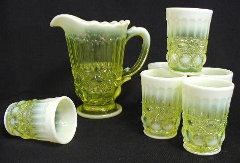 Vaseline Opalescent Eyewinker Pattern 7 Piece Full Size Juice Set