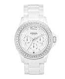 Fossil Women's CE1010 White Ceramic Bracelet White Glitz Analog Dial Multifunction Watch