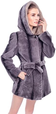 QDFUR Women's Hooded Collar Rex Rabbit Fur Coat Belt Jacket Long Sleeve XL Gray
