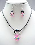 Harajuku Girl Lolita Necklace Earrings Set Jewelry I Love Kawaii Kokeshi-style PINK