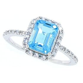 Buy 1.30ct Emerald Cut Blue Topaz and Diamond Ring in 10Kt White Gold by MyTreasurez