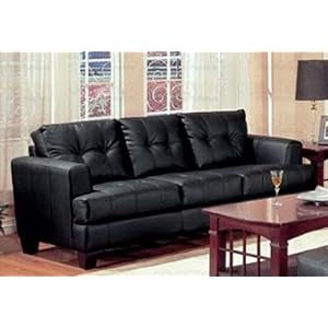 Sofa Couch with Wooden Legs Contemporary Black Leather