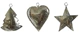 Polished Tin Tree, Heart and Star Christmas Ornaments 4"H Set / 3 (2 ea)