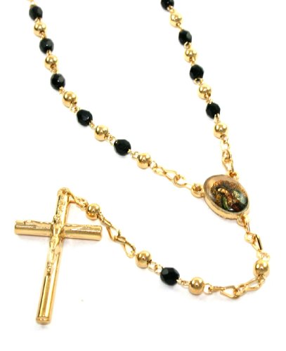 22″ Gorgeous 24k Yellow Gold Layered with Genuine CZ Black Crystals Rosary Filigree Beaded Rosary Necklace with Crucifix and Virgin Mary ~ Comes in a Beautiful Velour Gift Box (Rose8)