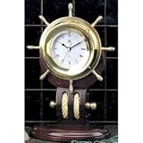 Nautical Brass Ships Wheel Clock with Rope on Teakwood Base