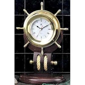 Nautical Brass Ships Wheel Clock with Rope on Teakwood Base by