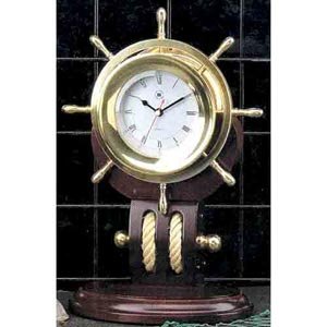 Nautical Brass Ships Wheel Clock with Rope on Teakwood Base by