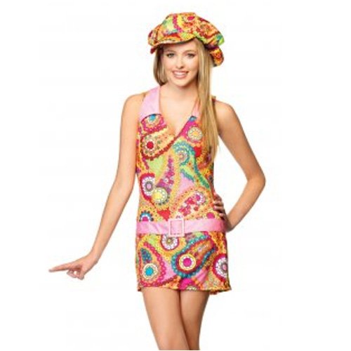 2Pc Groovy Hippie, Retro Print Dress With Attached 
