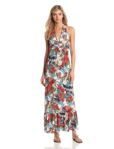 Tbags Los Angeles Women's Halter Ruffle Hem Printed Maxi Dress, Neutral Jungle Print, Large Tbags Los Angeles Women's Halter Ruffle Hem Printed Maxi Dress, Neutral Jungle Print, Large