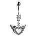 Stainless Steel Jeweled Belly Ring with Dangling Winged Clear Heart Charm