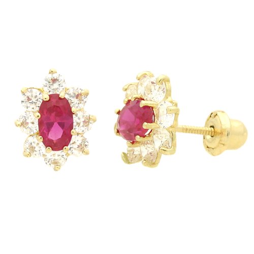 14K Yellow Gold Cluster Stud Earring With Ruby Color CZ Earring For Kids And Teens