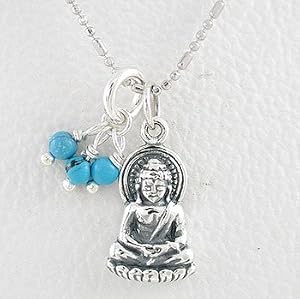 Small Sitting Young Buddha Pendant in Sterling Silver with Turquoise Gemstone Beads on a 16" Rhodium and Sterling Bead Chain, #8439
