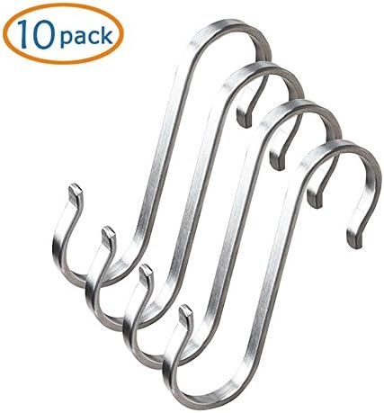 Anti-Falling Design Flat S Shaped Hooks Kitchen Pot Pan Hanger Clothes Holder Brushed Stainless Steel Metal Pack of 10 - (S)