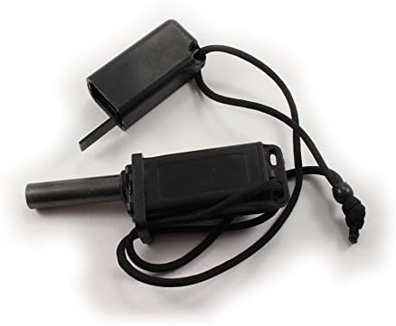 High Quality, 1000+ Strikes, Magnisium Fire Starter with Signal Mirror, Flint Scrape, Emergency Whistle, and Compartment for Fire Starting Tinder- made by survivalTOUGH (Black)