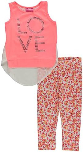 Big Girls' "Beaded Love - Floral Leggings" 2-Piece Outfit - neon coral, 10 - 12